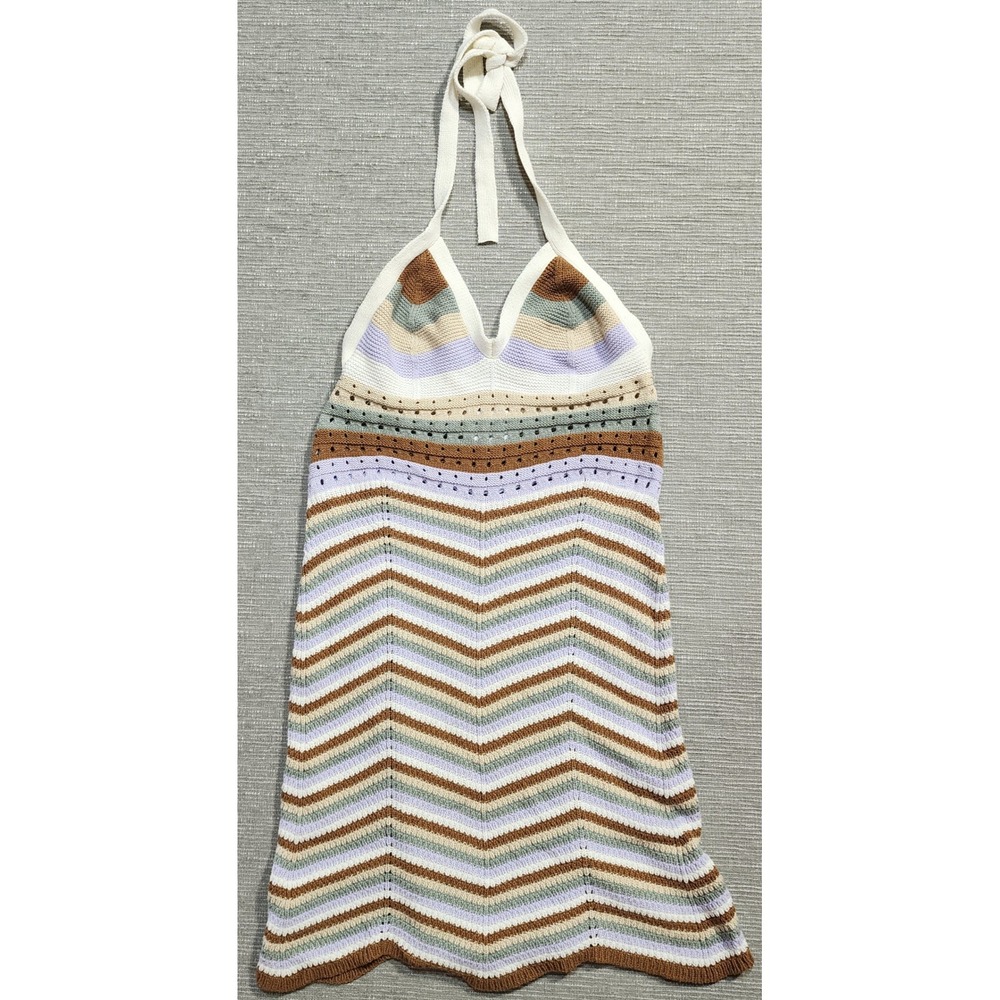 Pink Rose Womens Crochet‎ Halter Dress Chevron Stripe Boho Knit Mini Medium